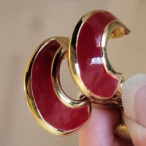 Napier Gold and Red Enamel Earrings Adjustable Leverback Half Hoop 1980s Vintage